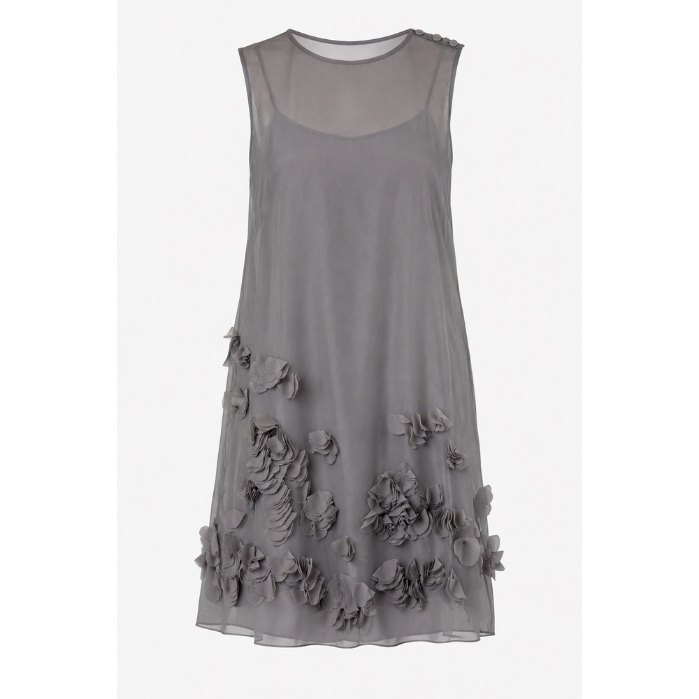 Akris Punto Dress 10 Silk Mesh Yoke Floral Petal Applique Gray Shift Minimalist